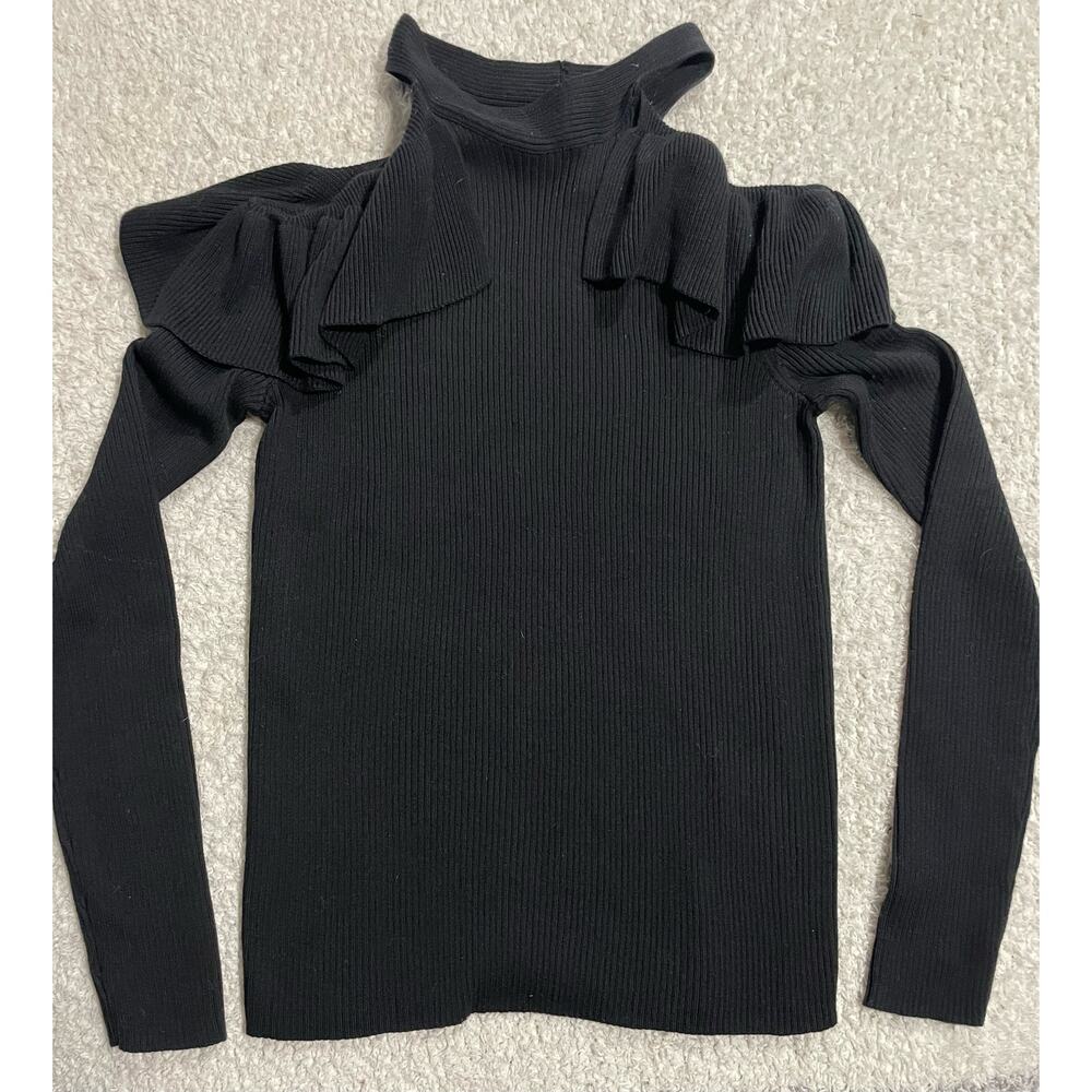 Max Edition Sweater Womens Small Open Shoulder Ruffled Black NEW MSRP $98